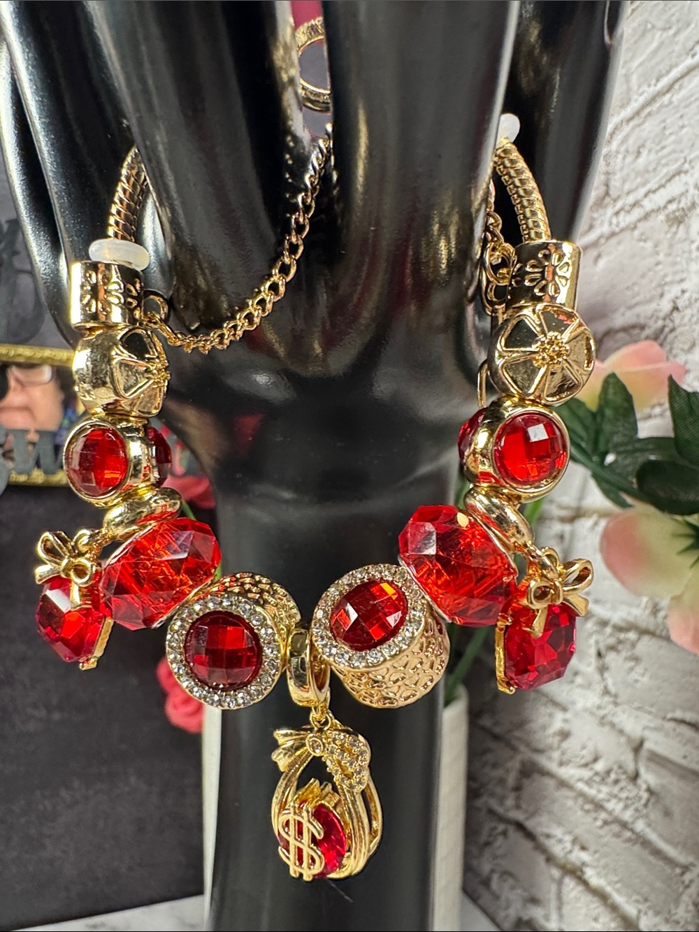 Gold Bracelet with Red Crystal Charms - Women Jewelry